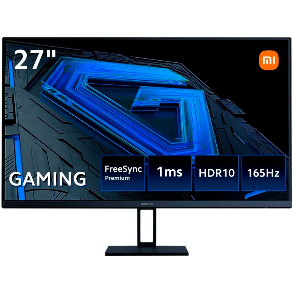 Monitor gaming Xiaomi preto 27 com textos técnicos e logótipo mi