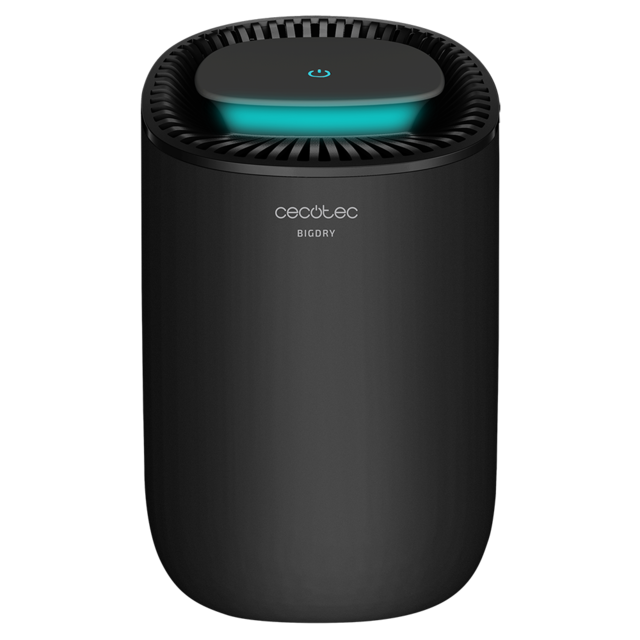 Purificador de ar preto cilíndrico com botão azul luminoso e texto cecotec BIGDRY