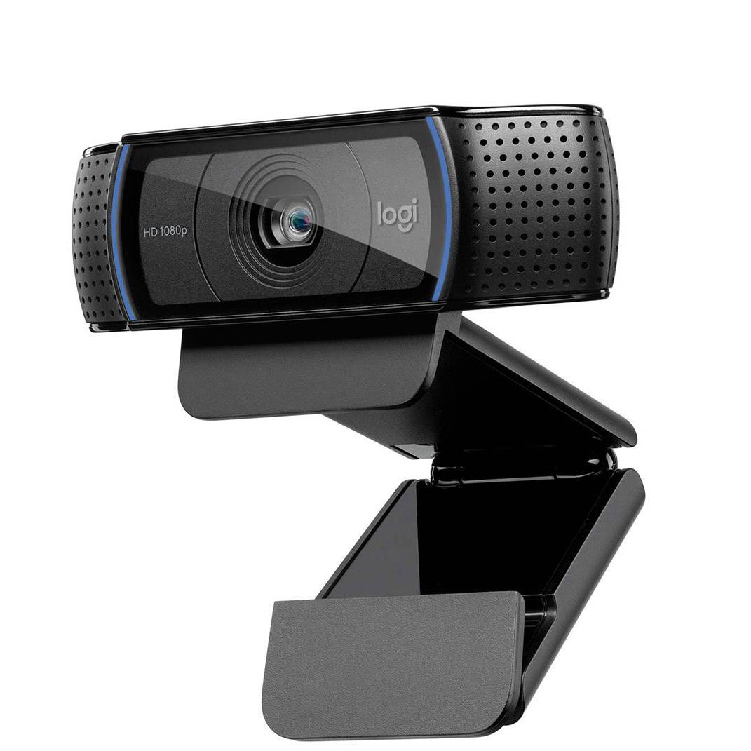 Câmara Web preta Logitech com lente central e indicador HD 1080p