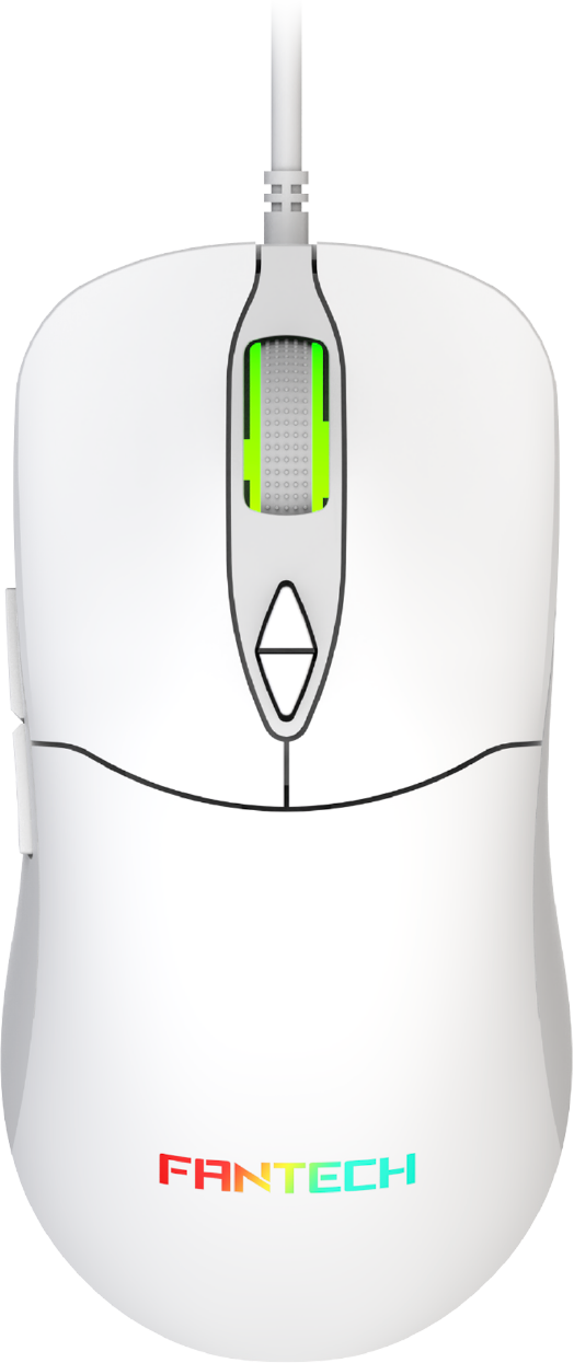 Rato branco FANTECH com roda de scroll verde e logo multicolorido