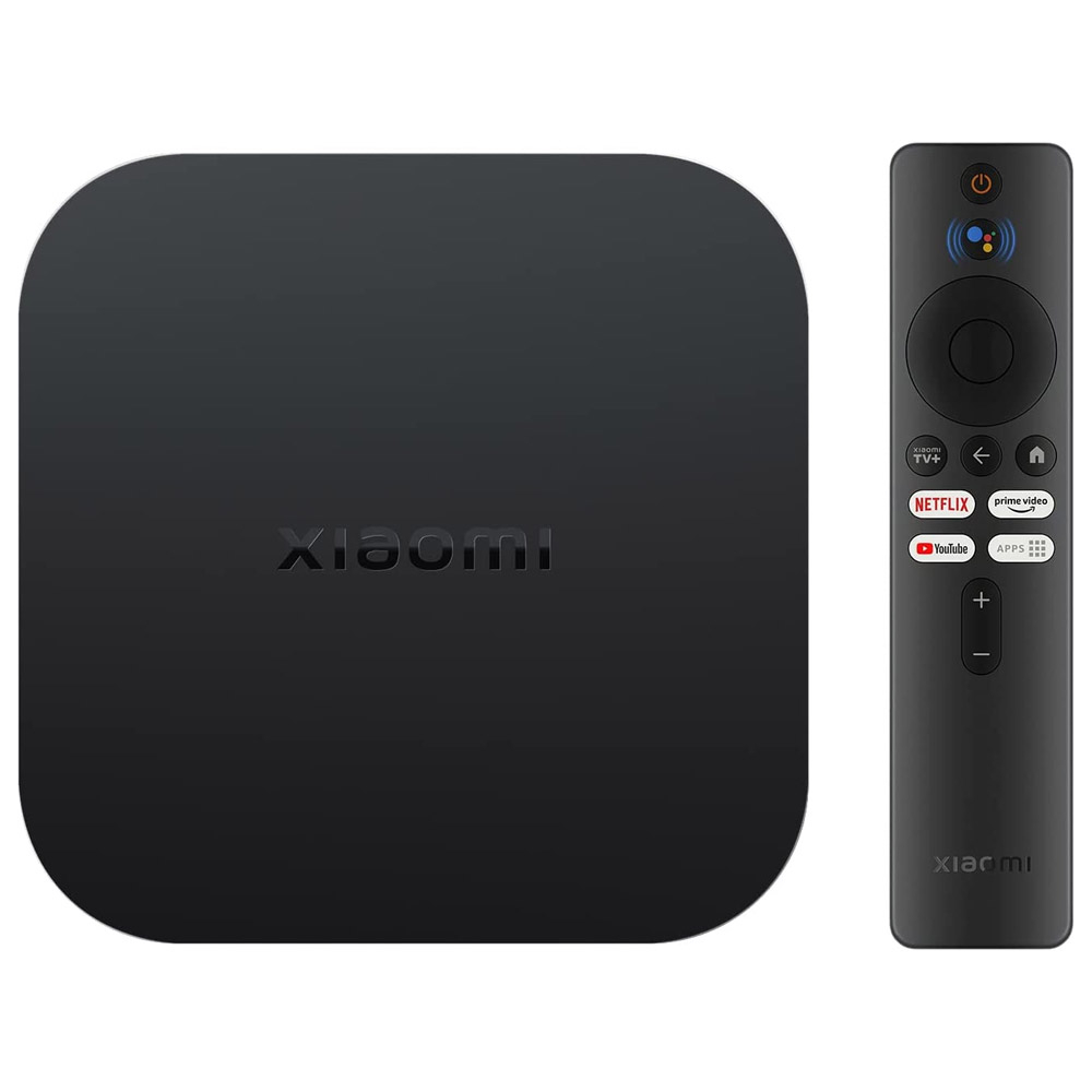 Decodificador de streaming preto Xiaomi com comando remoto cinza escuro