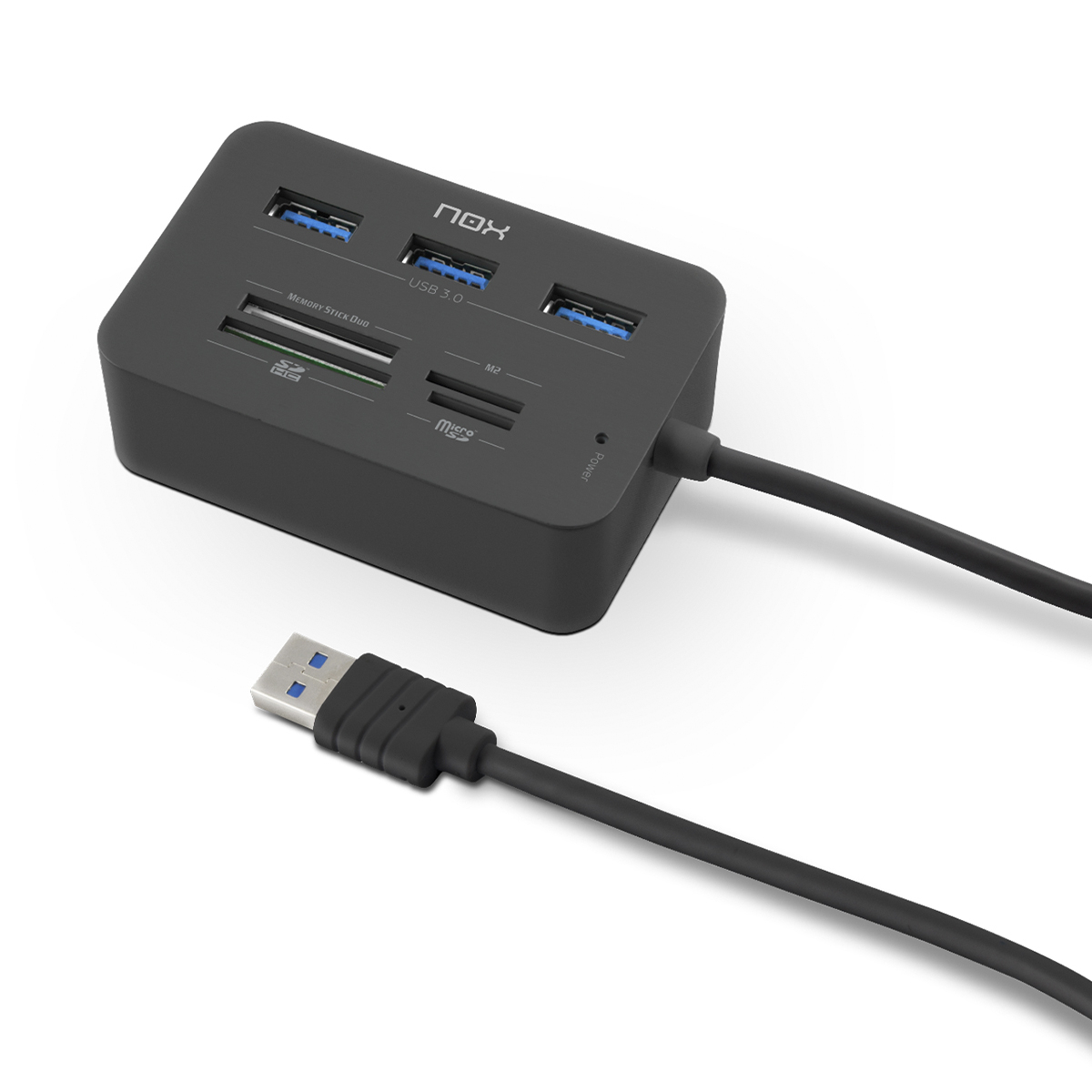 Hub USB 3.0 preto com múltiplas portas e leitores de cartões