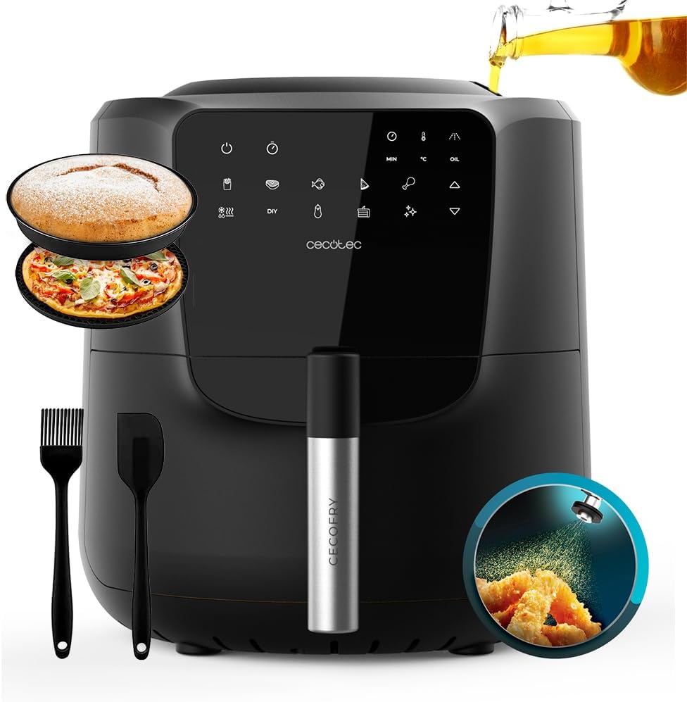 Air fryer preta Cecotec com painel táctil e acessórios