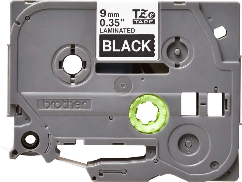 Fita laminada preta Brother TZ de 9 mm na carcaça cinzenta