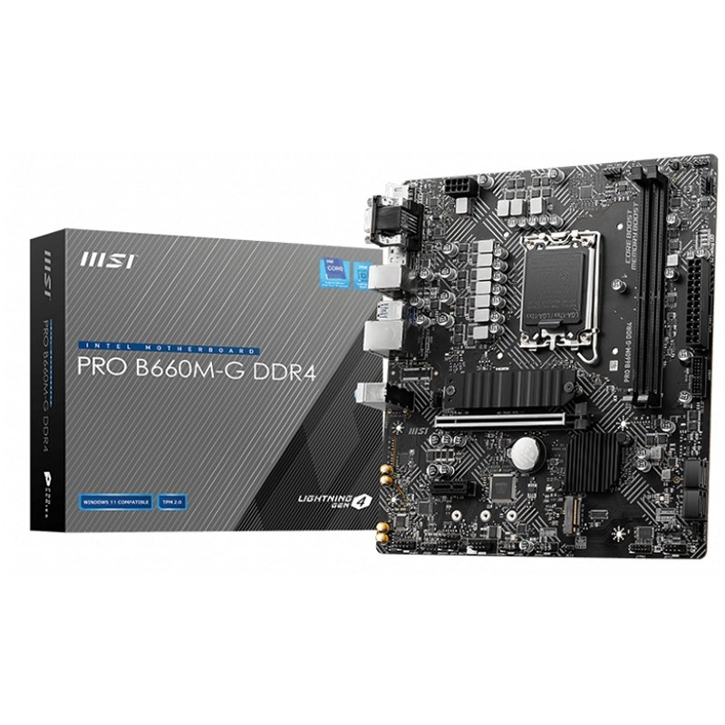 Placa-mãe MSI PRO B660M-G DDR4 com caixa cinza ao lado