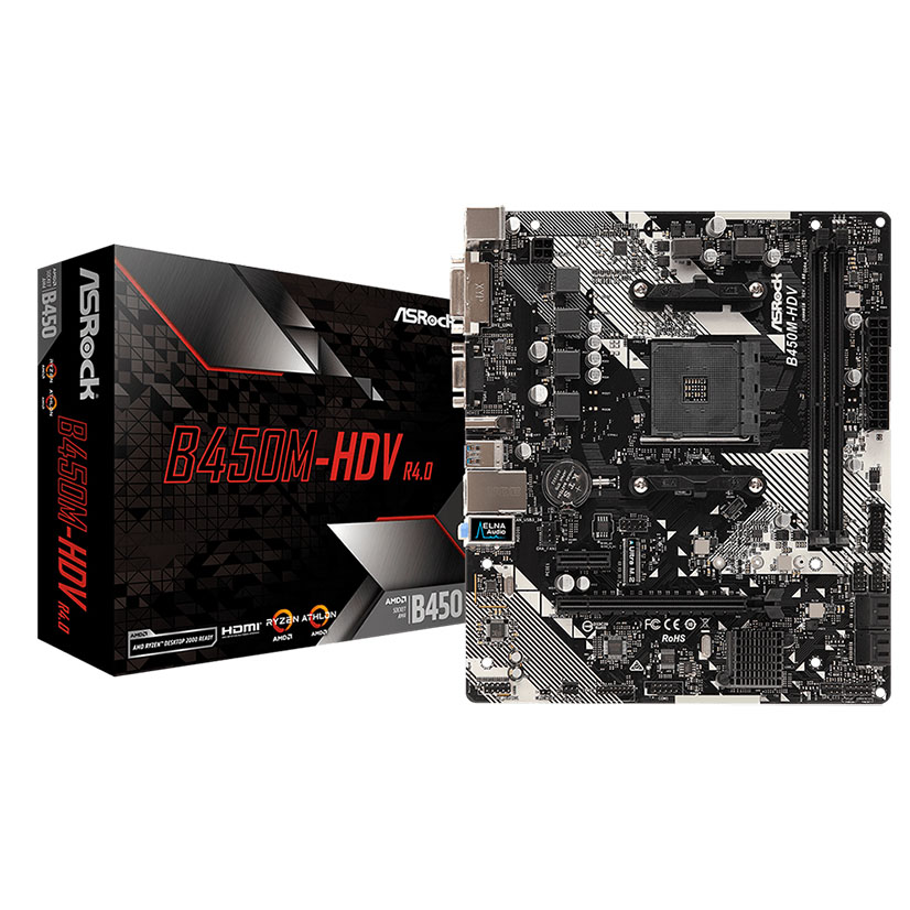 Placa-mãe preto e branco ASRock B450M-HDV com caixa preta e vermelho