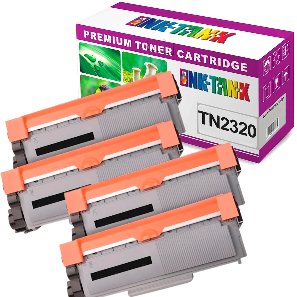 Tonners de impressora cinzentos com proteções laranja e embalagem tinta-pote TN2320