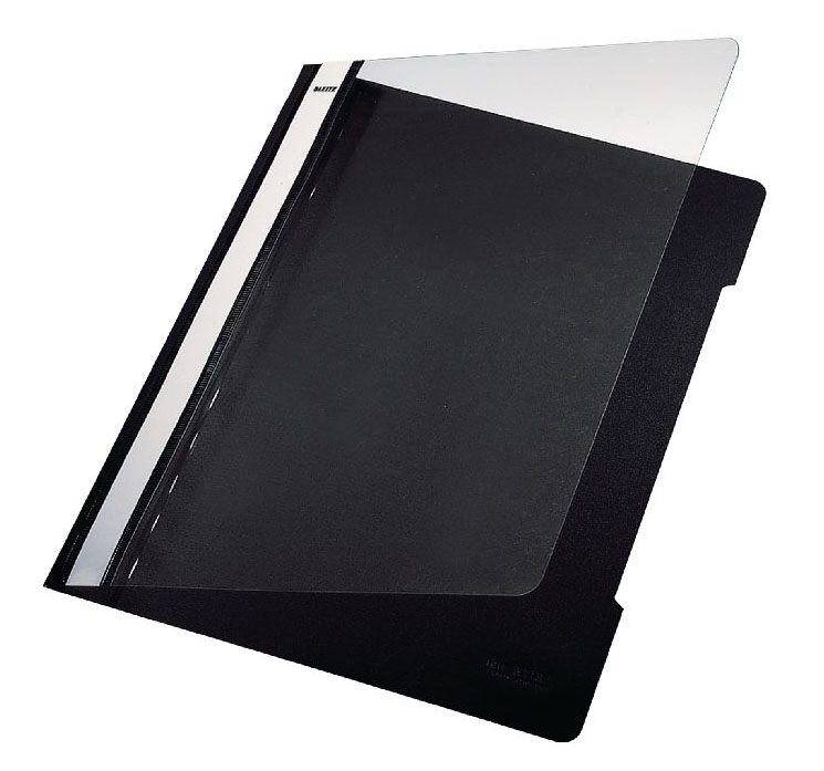 Pasta de arquivo com capa transparente e suporte preto de plástico