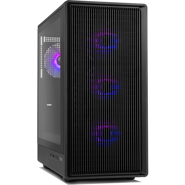 Computador de secretária preto com ventoinhas RGB iluminadas e estrutura em vidro temperado