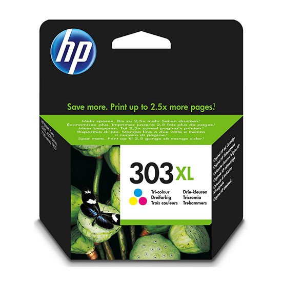 Caixa de tinta HP 303XL tri-color preta com texto verde e branco e imagem de flores e borboleta