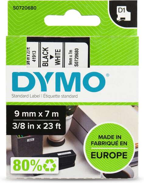 Embalagem de fita para etiquetadora DYMO verde e branca.