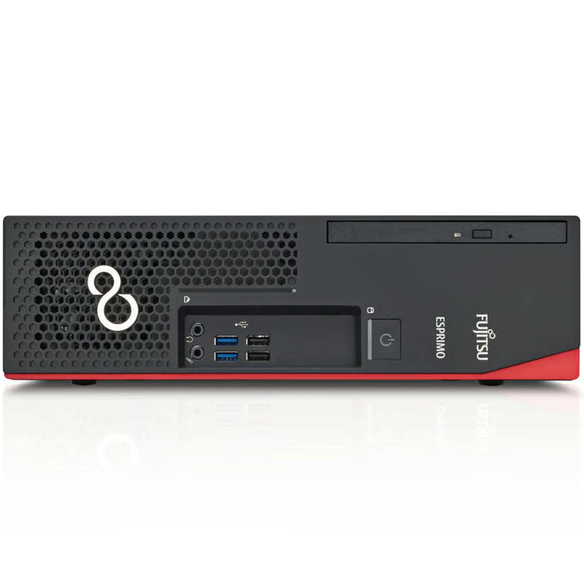 Computador de secretária compacto preto com detalhes vermelhos e várias portas frontais