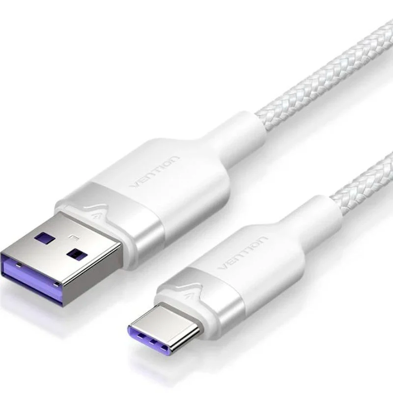 Cabo USB USB-A para USB-C branco com revestimento trançado e conectores roxos