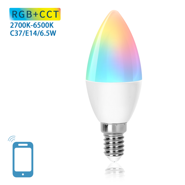 Lâmpada LED colorida RGB+CCT com base E14 e controlo via smartphone