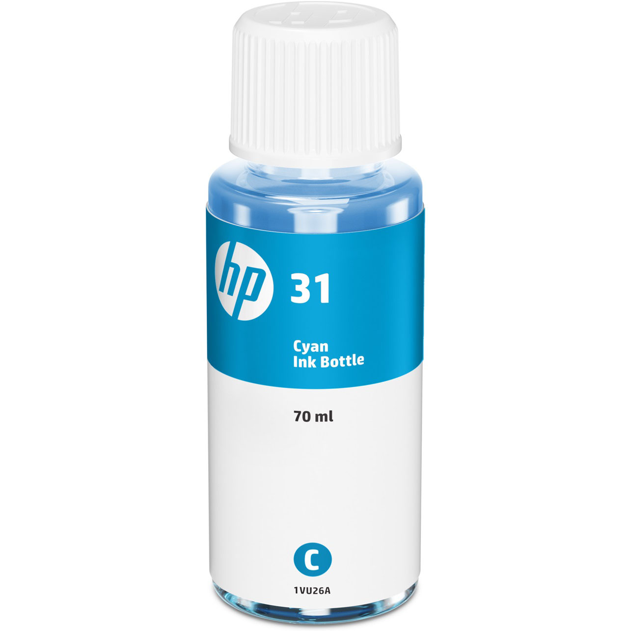 Frasco de tinta HP 31 ciano 70 ml com rótulo azul e branco e tampa branca