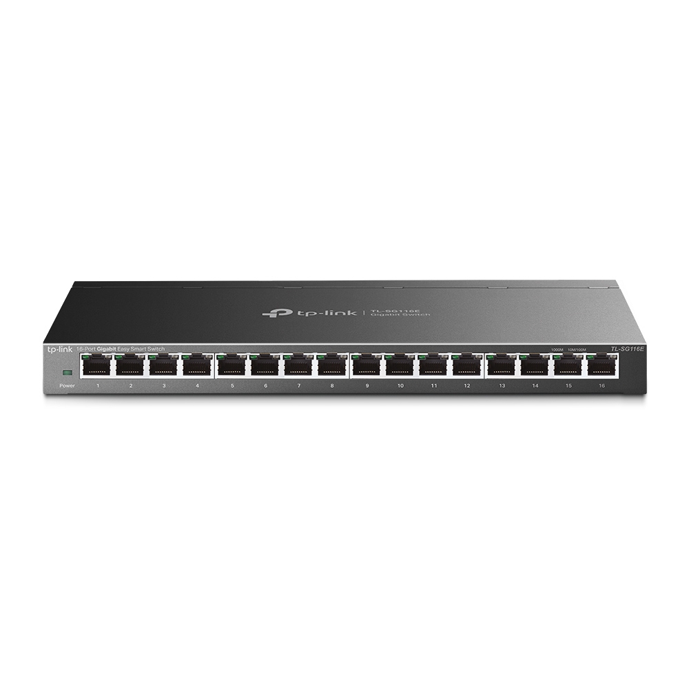 Switch de rede TP-Link preto com 16 portas Ethernet e luz indicadora de power