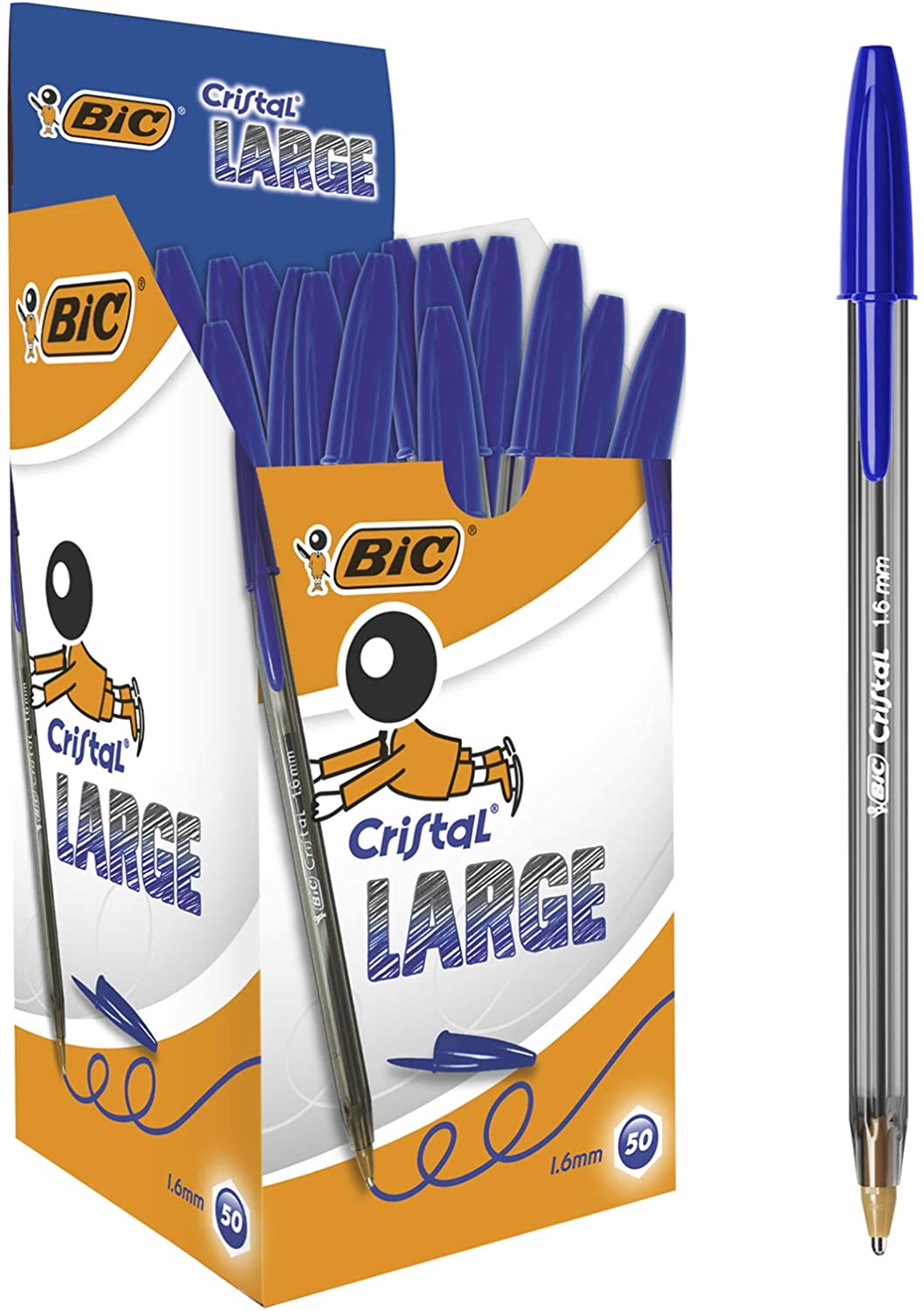 Canetas Bic Cristal Large azul em caixa amarela e branca