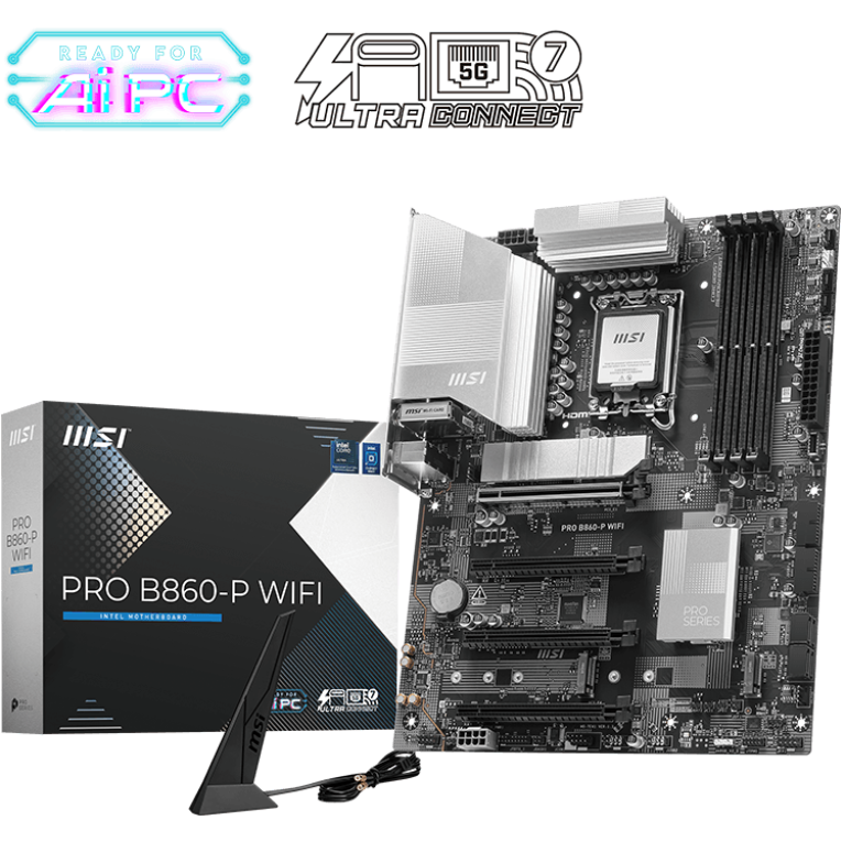 Placa-mãe MSI PRO B860-P WIFI preta com dissipadores metálicos e acessórios