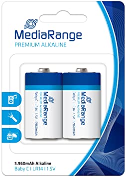 Pack de duas pilhas MediaRange Premium Alkaline Baby C LR14 1,5V.