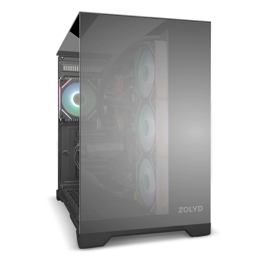 Computador desktop com painel lateral de vidro e ventoinhas RGB iluminadas