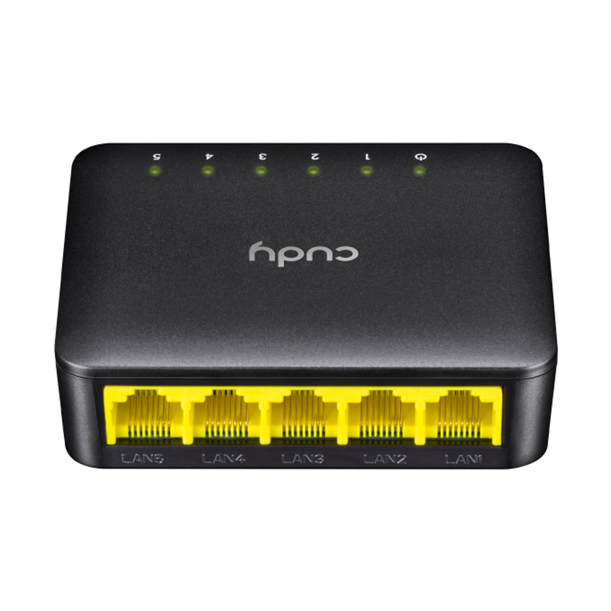 Dispositivo de rede preto com portas LAN amarelas e luzes LED verdes