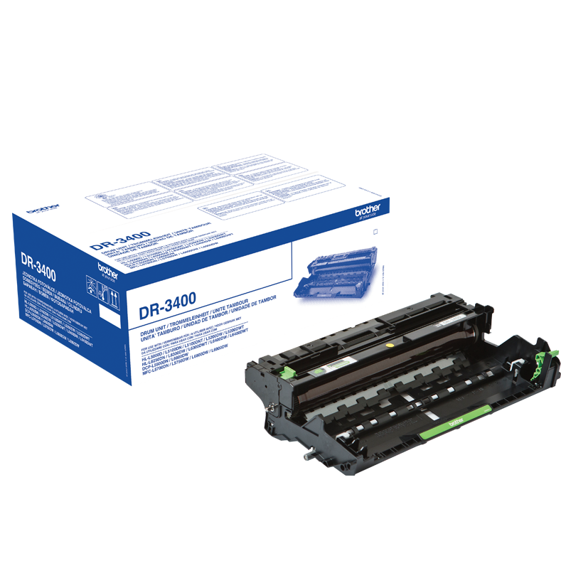 Unidade de tambor Brother DR-3400 com caixa azul e branca