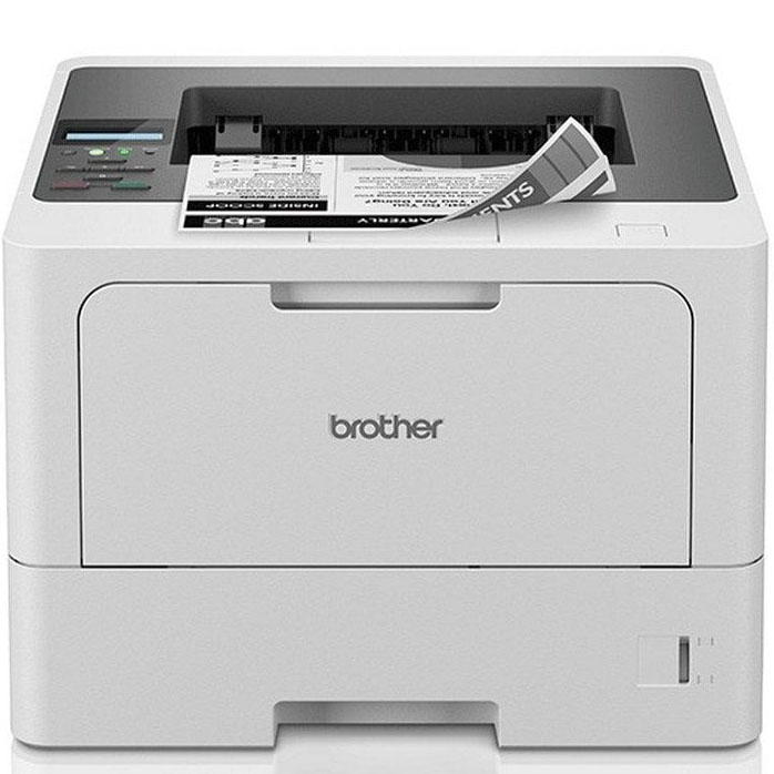 Impressora Brother branca laser com papel impresso visível