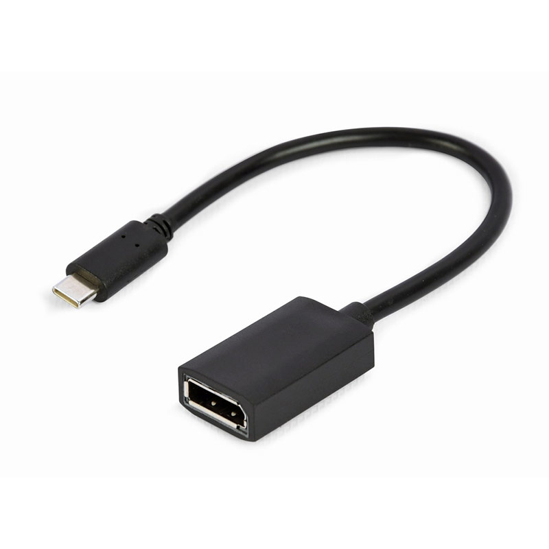 Cabo adaptador preto USB-C para HDMI fêmea sobre fundo branco