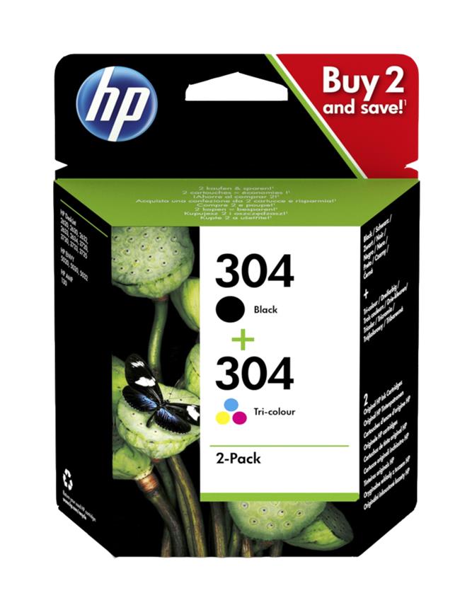 Embalagem de tinteiros HP 304 preto e tri-colour com imagem de plantas e borboleta