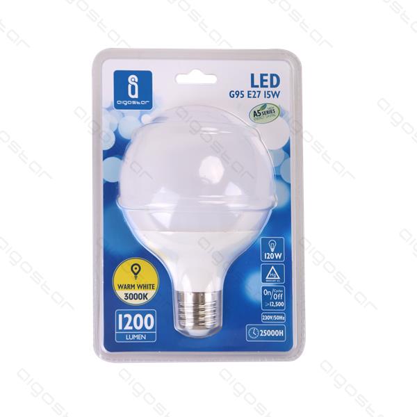 Lâmpada LED G95 E27 15W em embalagem de plástico transparente e fundo azul