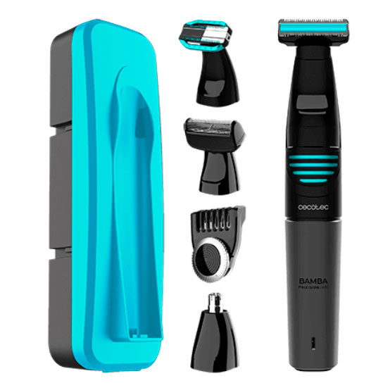 Aparelho de barbear e acessórios em azul-turquesa, preto e cinza