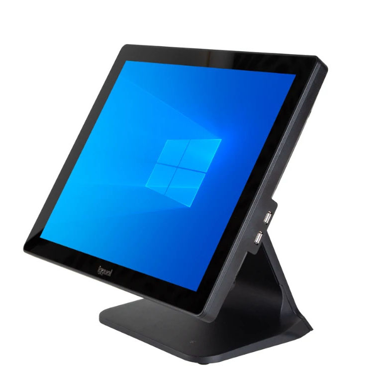 Computador com ecrã tátil preto e suporte, ecrã azul Windows