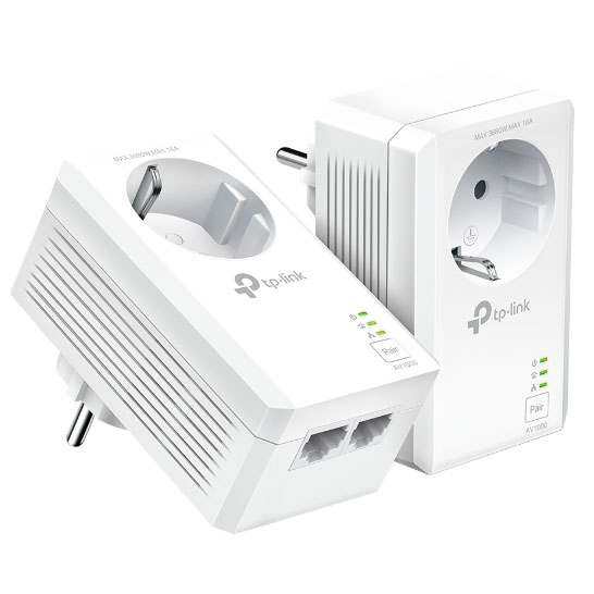 Adaptadores de tomada TP-Link brancos com porta Ethernet e indicadores LED