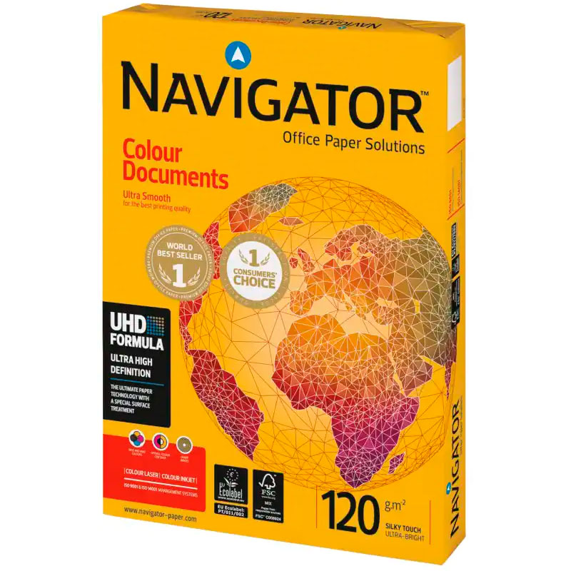 Pacote amarelo de papel Navigator Colour Documents com globo estilizado