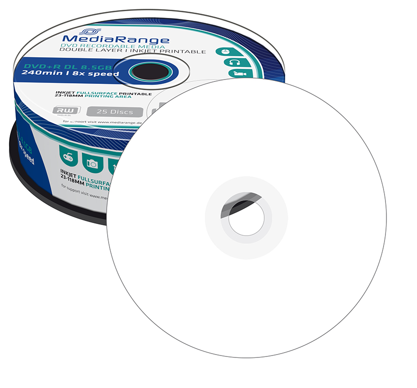 Pack de 25 DVDs MediaRange DVD+R DL dupla camada imprimíveis
