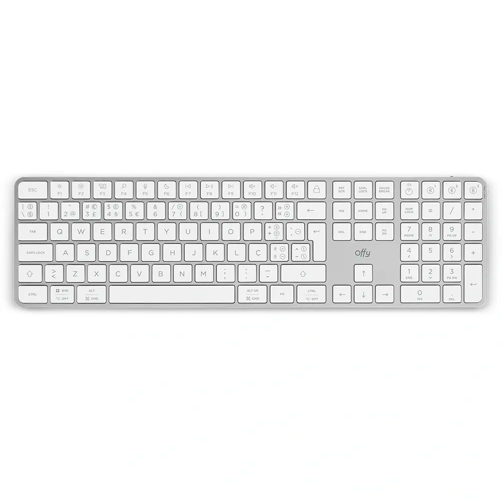 Teclado branco Offy com layout QWERTY e teclado numérico