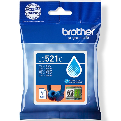 Embalagem azul de tinta Brother LC521C ciano para impressoras, com selo original e lista de modelos compatíveis.