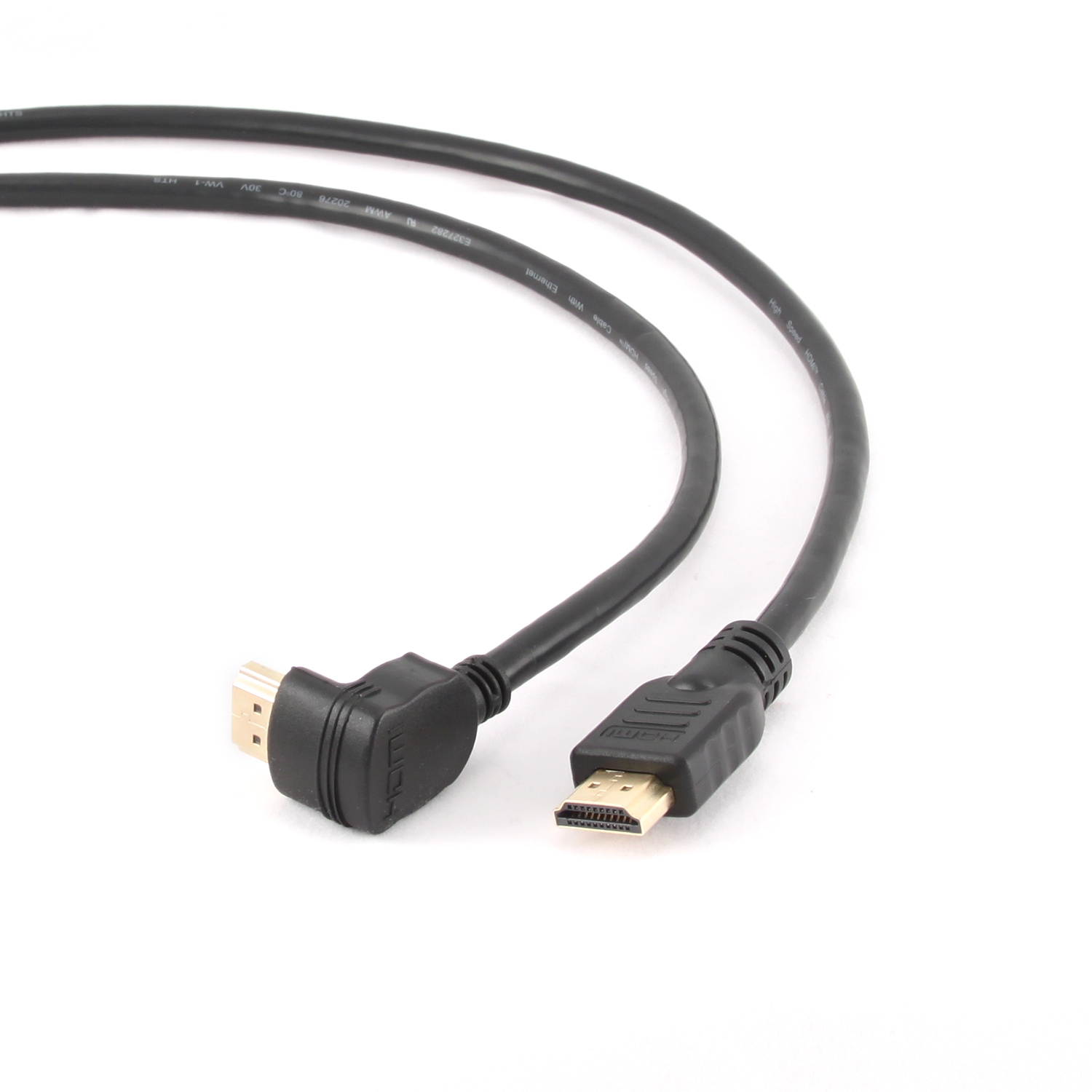 Cabo HDMI preto com conectores em ângulo e reto
