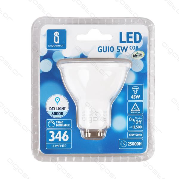 Lâmpada LED GU10 5W COB em embalagem azul e transparente
