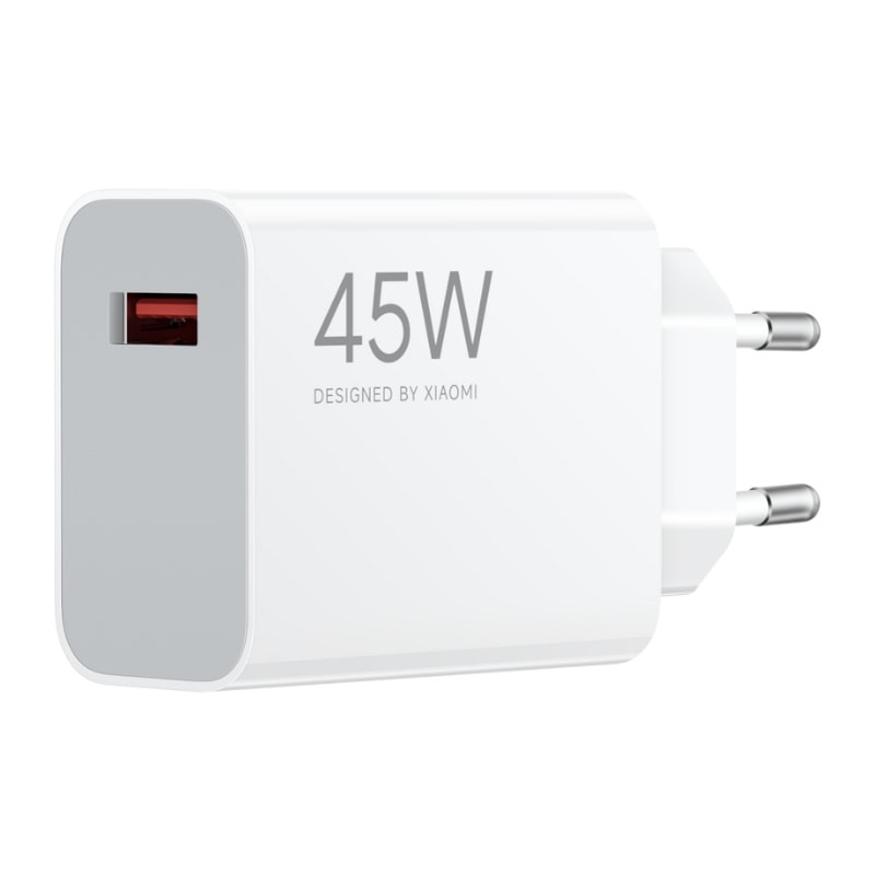 Carregador de parede branco com porta USB vermelha e texto 45W DESIGNED BY XIAOMI