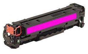 Cartucho de toner magenta para impressora em plástico preto com área rosa e detalhe laranja.