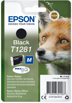 Embalagem de tinta Epson Black T1281 com imagem de uma raposa