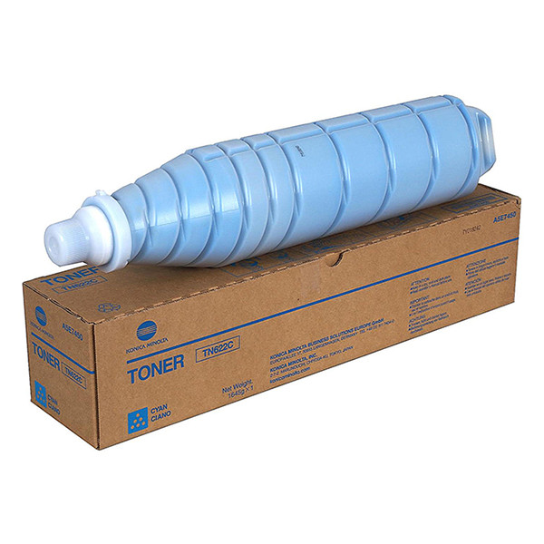 Cartucho de toner azul sobre caixa de cartão Konica Minolta
