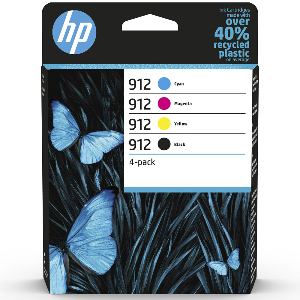 Embalagem de tinta HP 912 com design de borboletas azuis