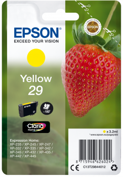 Cartucho tinta Epson amarelo 29 embalagem com imagem morango.