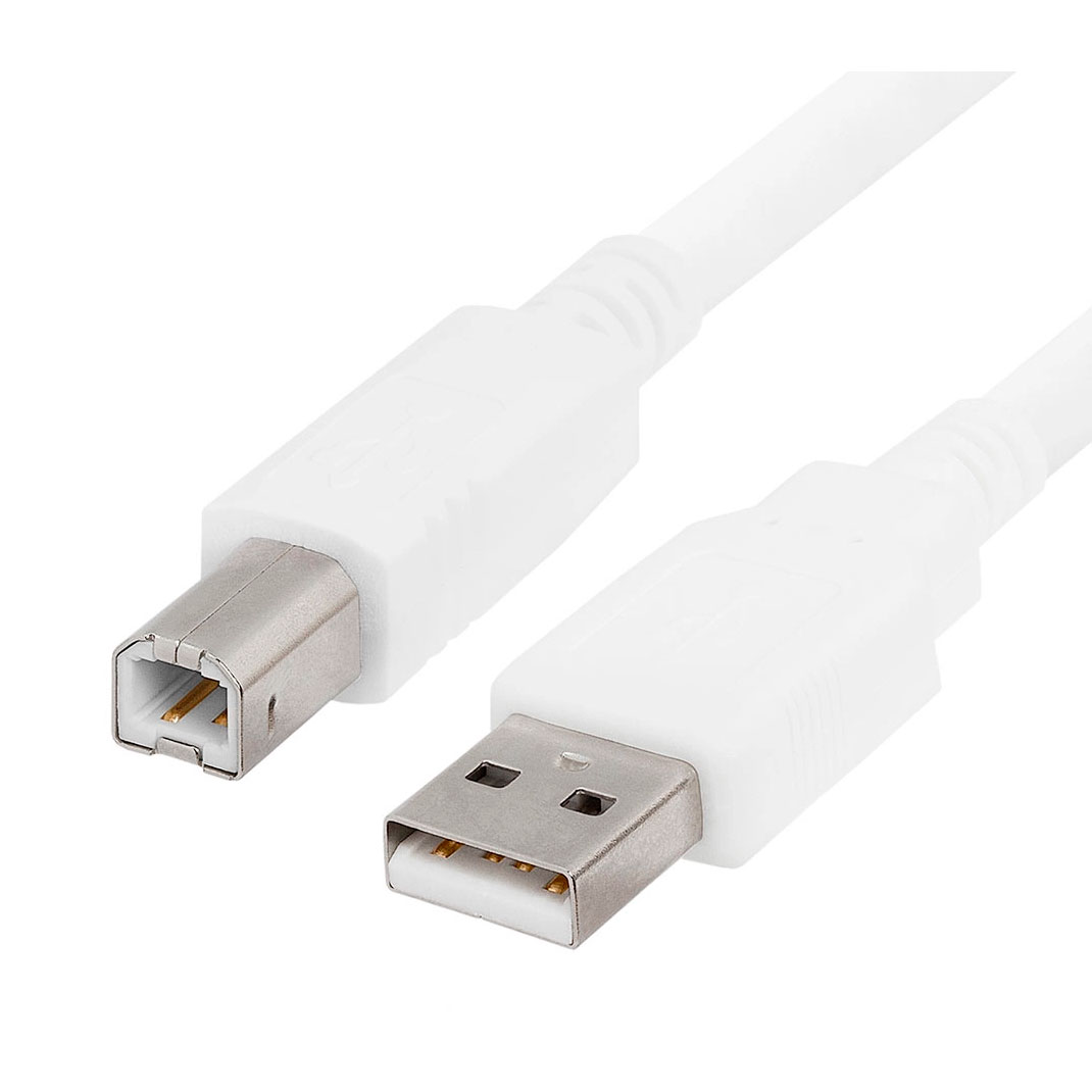 Cabo USB branco com conectores USB A e USB B.
