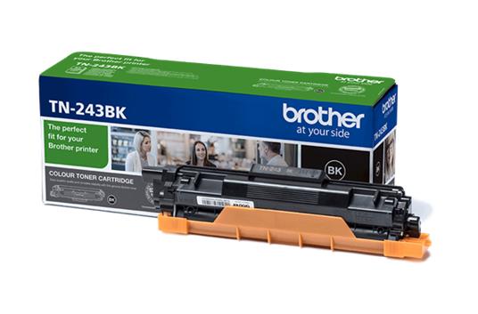 Cartucho de toner preto Brother TN-243BK com caixa e toner em destaque