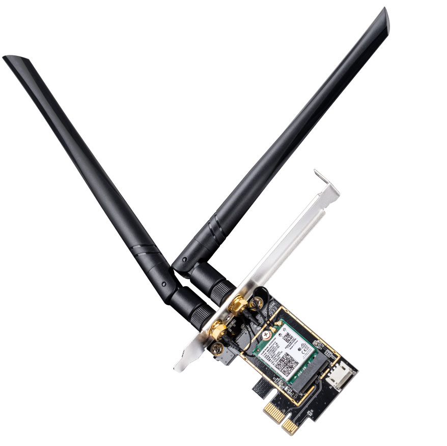 Placa de rede wireless PCIe com duas antenas longas pretas