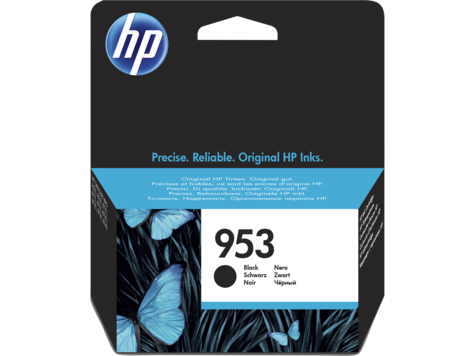 Cartucho de tinta HP 953 preto com embalagem preta e azul decorada com borboletas azuis