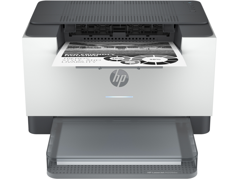 Impressora HP LaserJet M209dw a imprimir documento com gráficos e texto em preto e branco